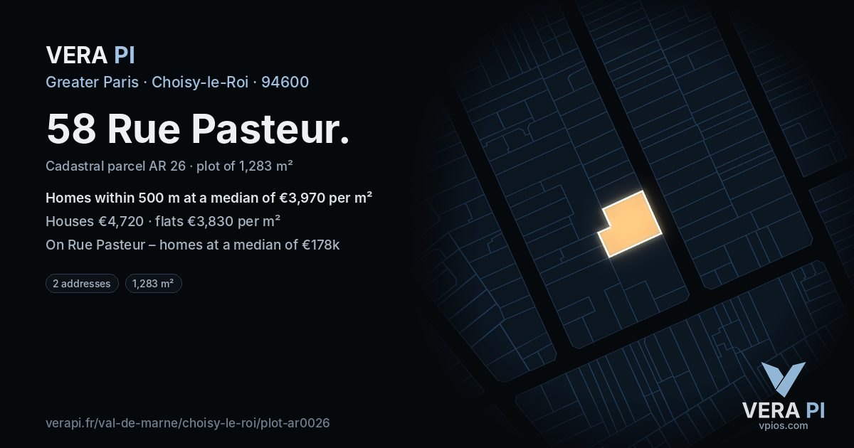 58 Rue Pasteur, Choisy-le-Roi at night – the plot lit, the parcels around coloured by the prices near them