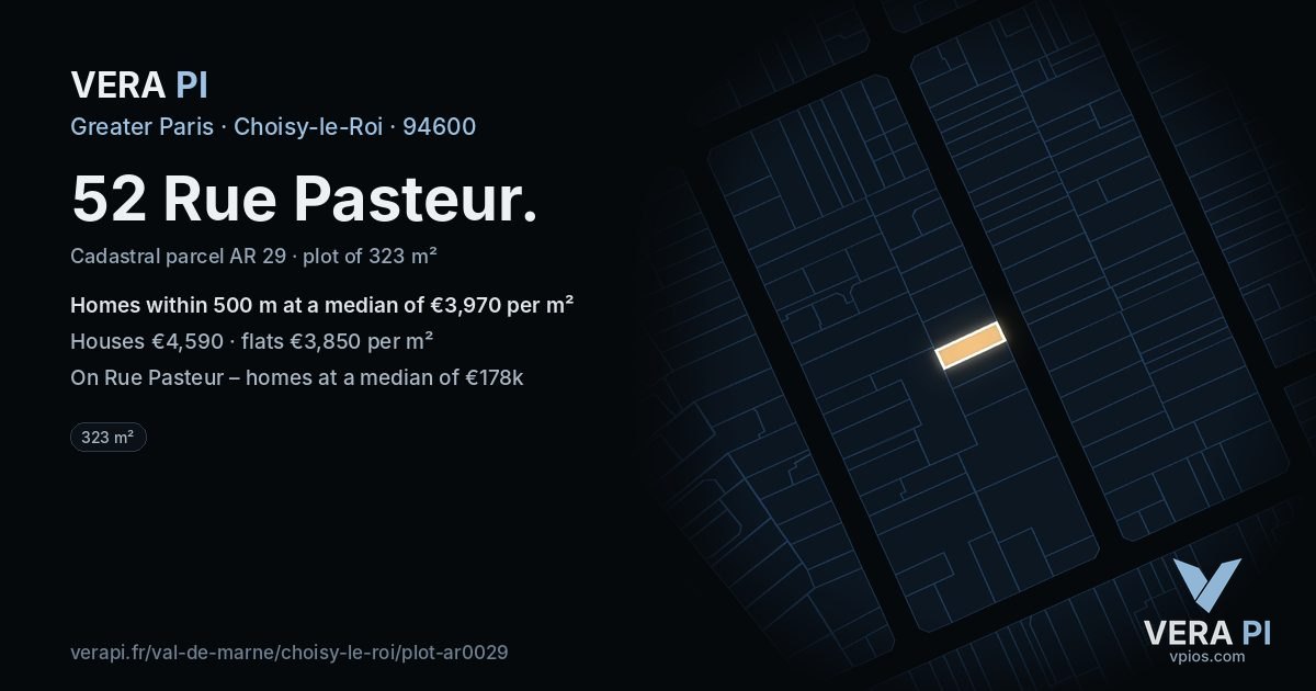 52 Rue Pasteur, Choisy-le-Roi at night – the plot lit, the parcels around coloured by the prices near them