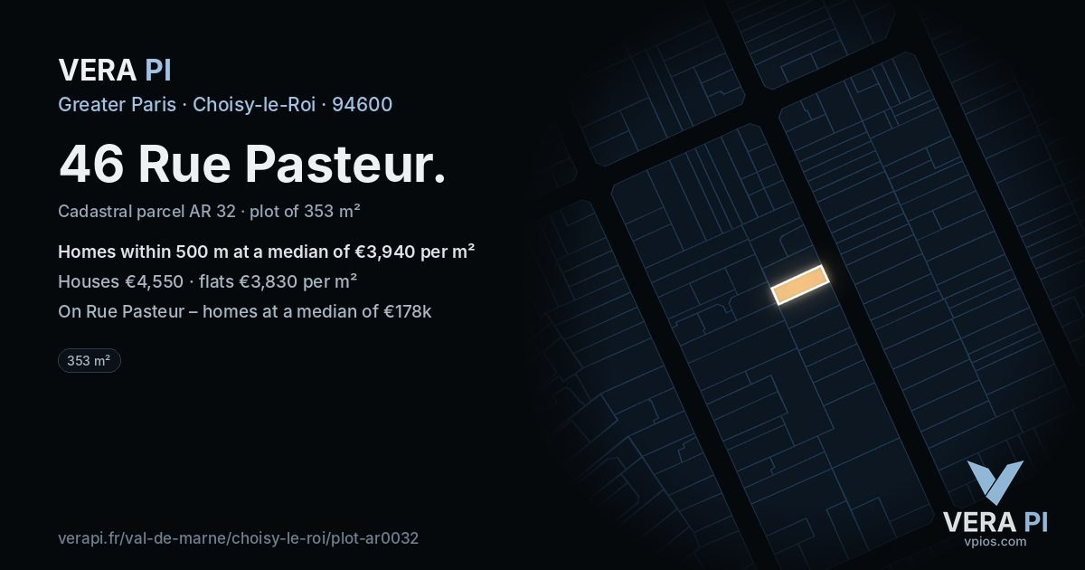 46 Rue Pasteur, Choisy-le-Roi at night – the plot lit, the parcels around coloured by the prices near them