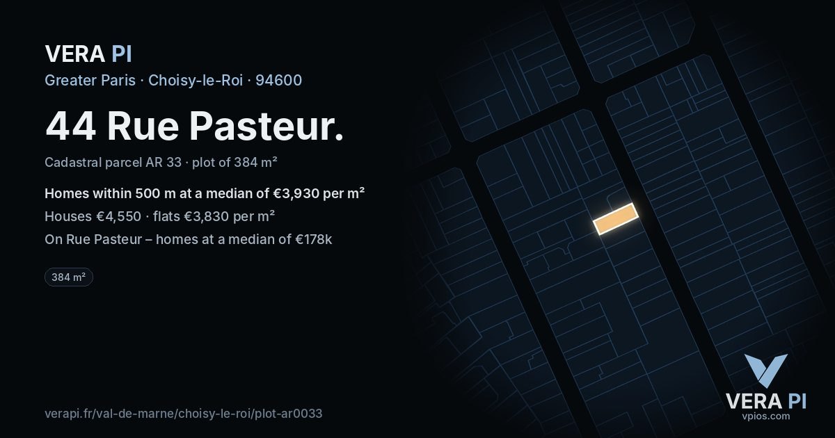 44 Rue Pasteur, Choisy-le-Roi at night – the plot lit, the parcels around coloured by the prices near them