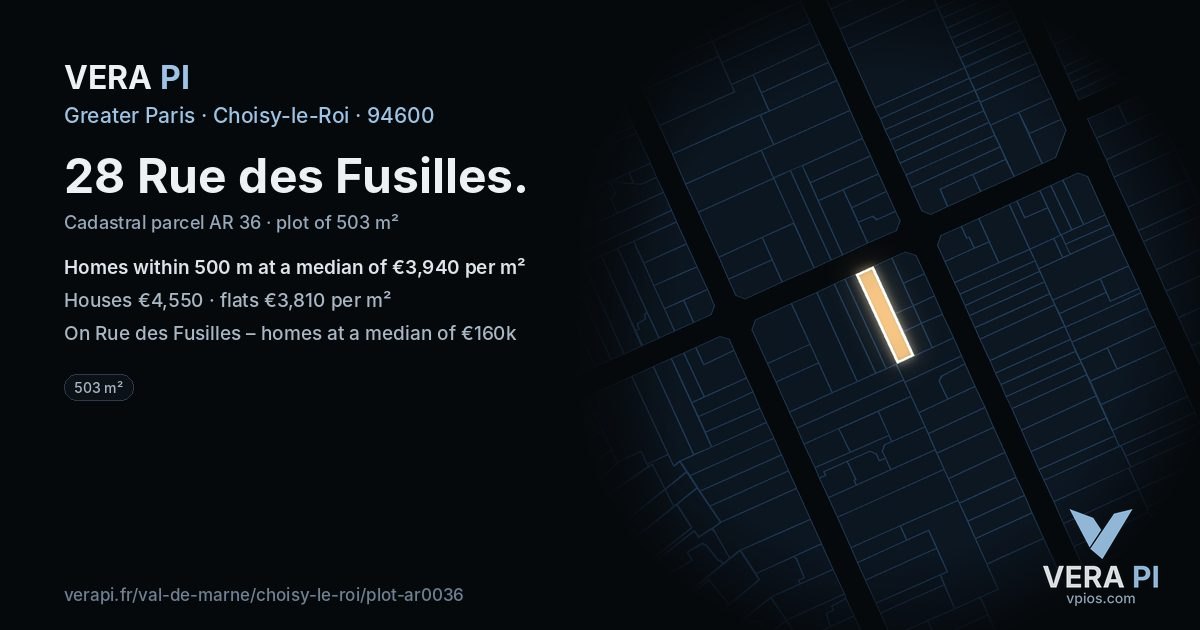 28 Rue des Fusilles, Choisy-le-Roi at night – the plot lit, the parcels around coloured by the prices near them
