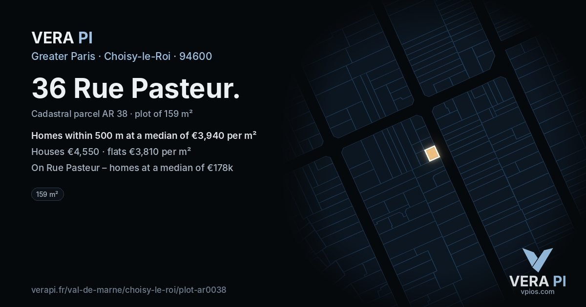 36 Rue Pasteur, Choisy-le-Roi at night – the plot lit, the parcels around coloured by the prices near them