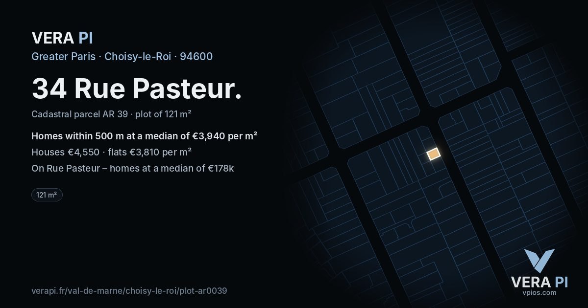 34 Rue Pasteur, Choisy-le-Roi at night – the plot lit, the parcels around coloured by the prices near them