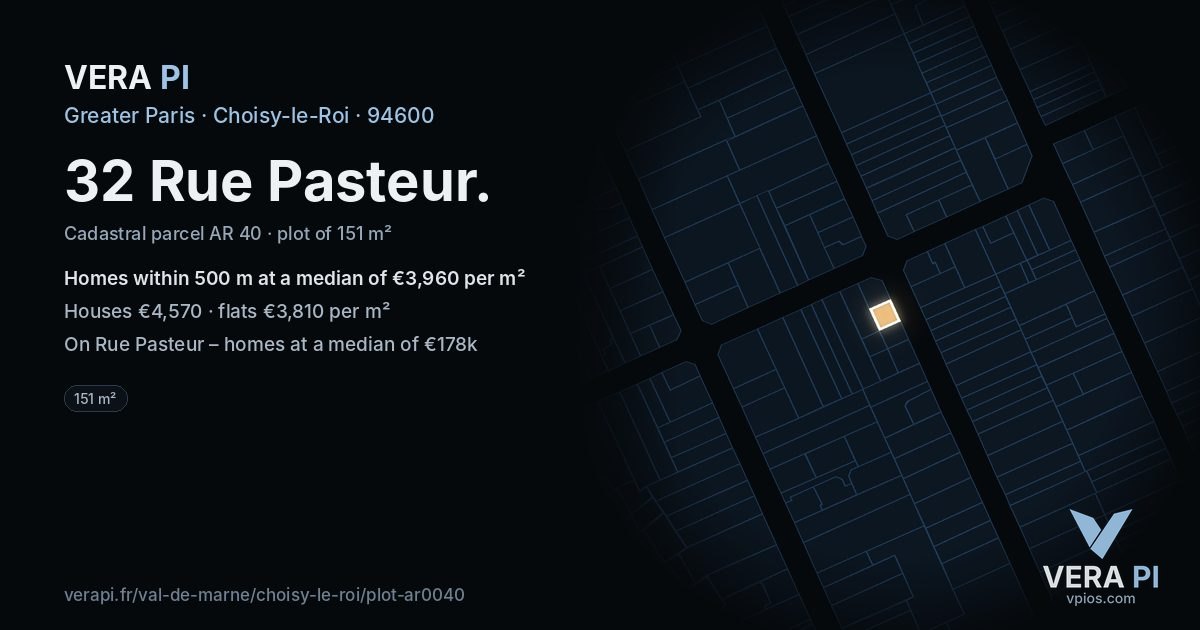 32 Rue Pasteur, Choisy-le-Roi at night – the plot lit, the parcels around coloured by the prices near them