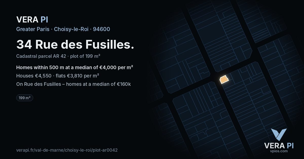 34 Rue des Fusilles, Choisy-le-Roi at night – the plot lit, the parcels around coloured by the prices near them