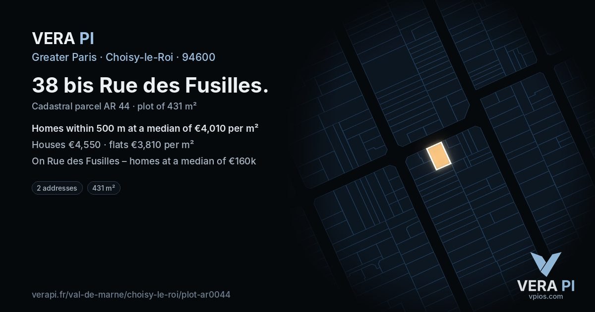 38 bis Rue des Fusilles, Choisy-le-Roi at night – the plot lit, the parcels around coloured by the prices near them
