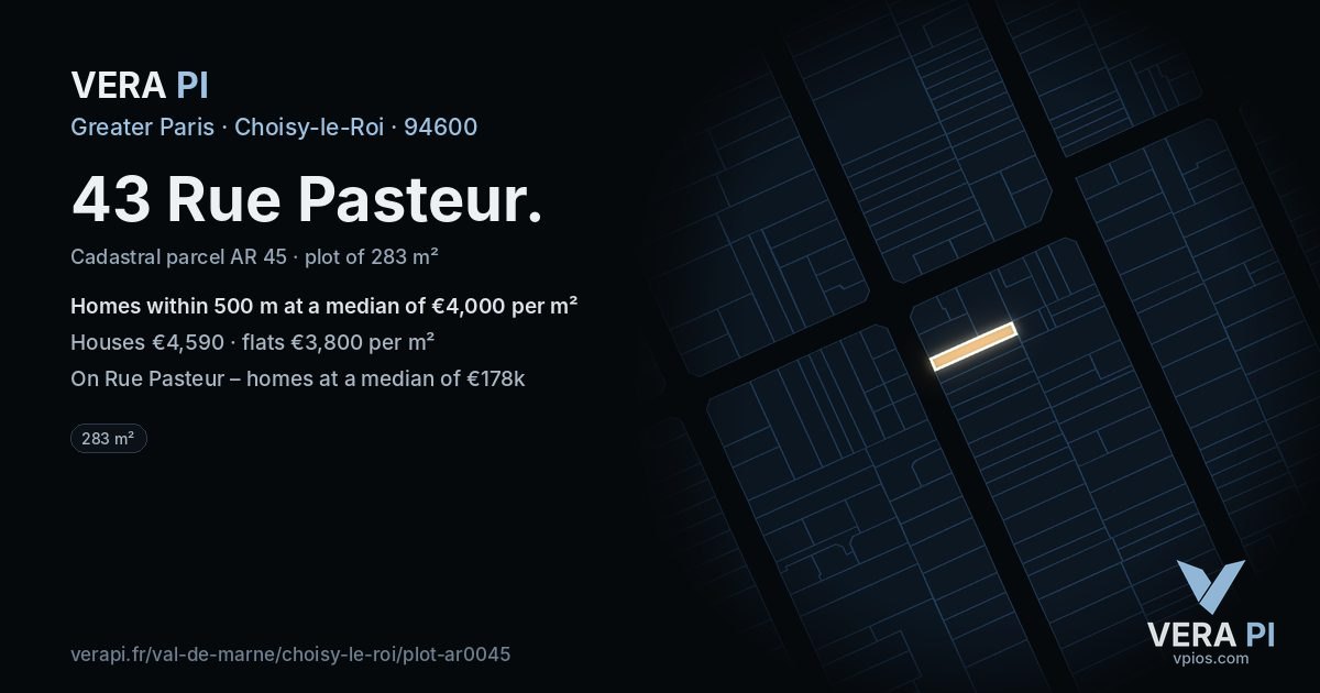 43 Rue Pasteur, Choisy-le-Roi at night – the plot lit, the parcels around coloured by the prices near them