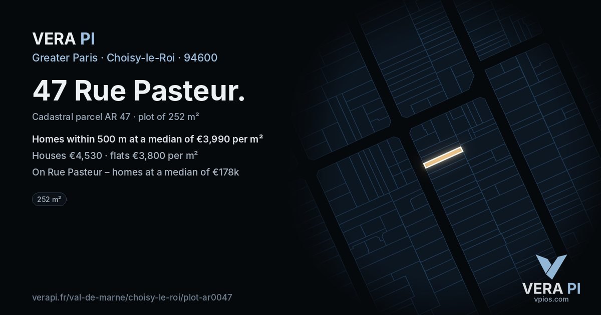 47 Rue Pasteur, Choisy-le-Roi at night – the plot lit, the parcels around coloured by the prices near them
