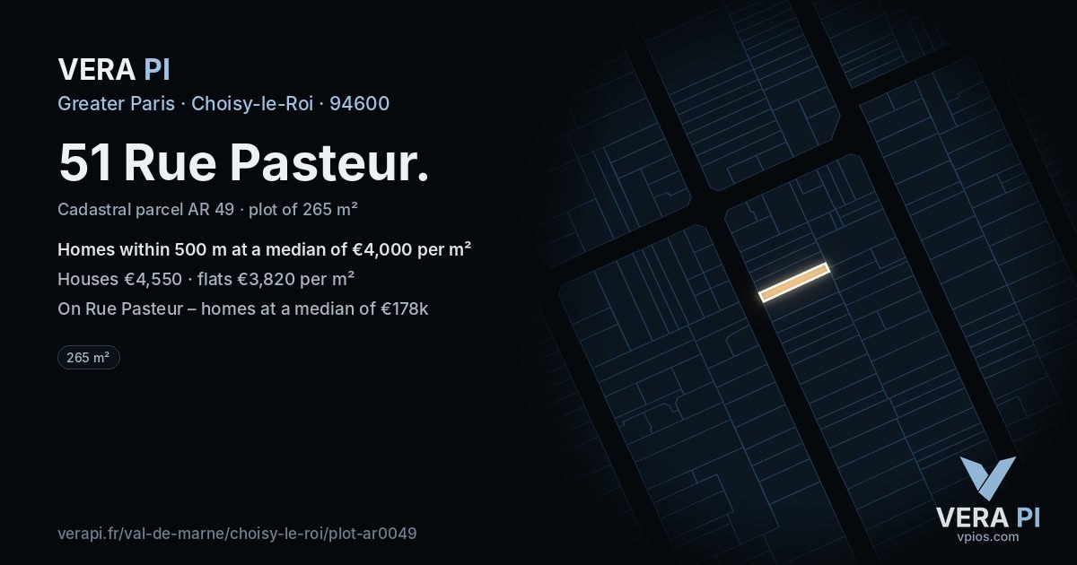 51 Rue Pasteur, Choisy-le-Roi at night – the plot lit, the parcels around coloured by the prices near them