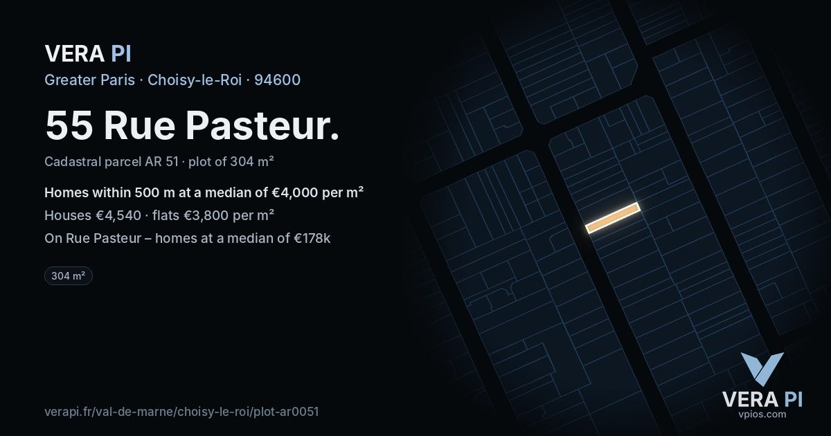 55 Rue Pasteur, Choisy-le-Roi at night – the plot lit, the parcels around coloured by the prices near them