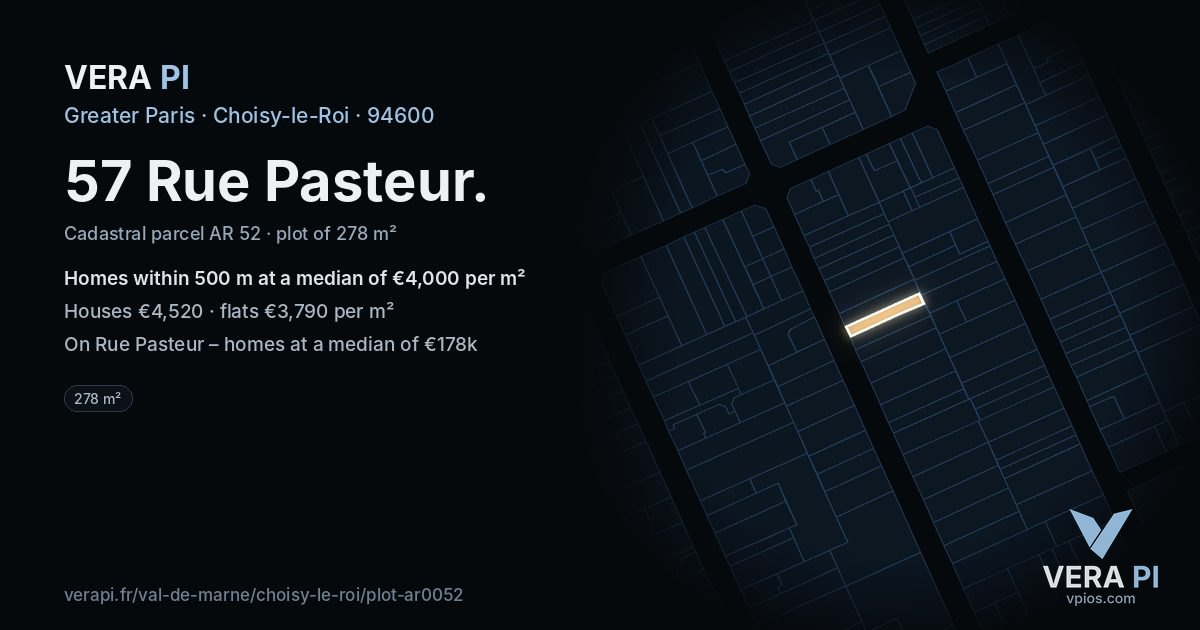 57 Rue Pasteur, Choisy-le-Roi at night – the plot lit, the parcels around coloured by the prices near them