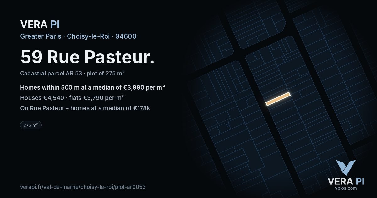 59 Rue Pasteur, Choisy-le-Roi at night – the plot lit, the parcels around coloured by the prices near them