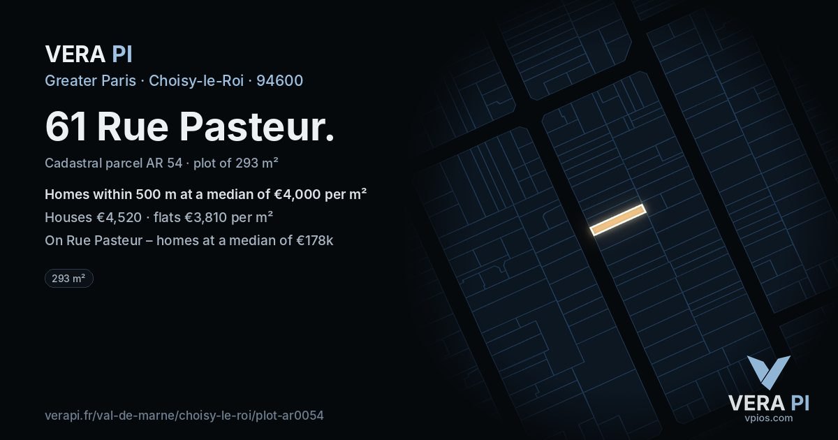 61 Rue Pasteur, Choisy-le-Roi at night – the plot lit, the parcels around coloured by the prices near them