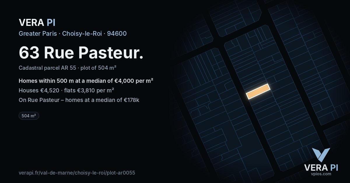 63 Rue Pasteur, Choisy-le-Roi at night – the plot lit, the parcels around coloured by the prices near them