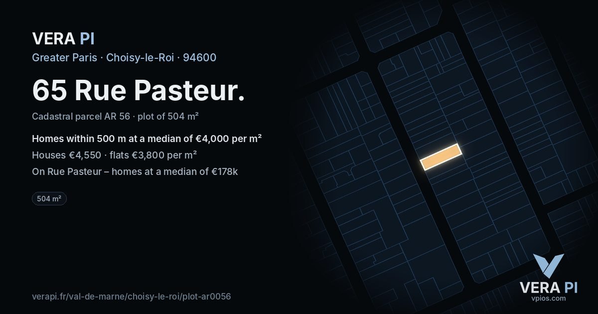 65 Rue Pasteur, Choisy-le-Roi at night – the plot lit, the parcels around coloured by the prices near them