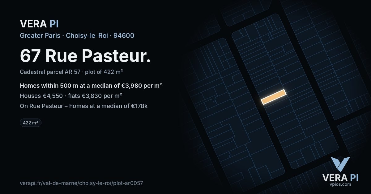 67 Rue Pasteur, Choisy-le-Roi at night – the plot lit, the parcels around coloured by the prices near them