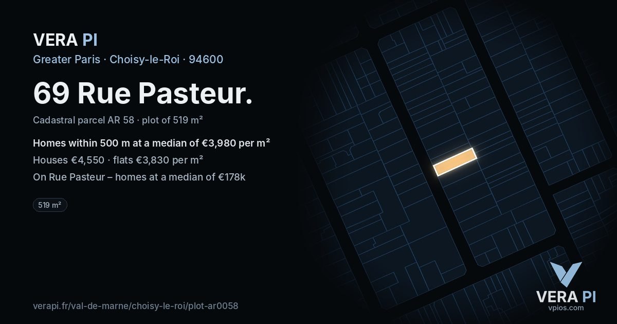 69 Rue Pasteur, Choisy-le-Roi at night – the plot lit, the parcels around coloured by the prices near them