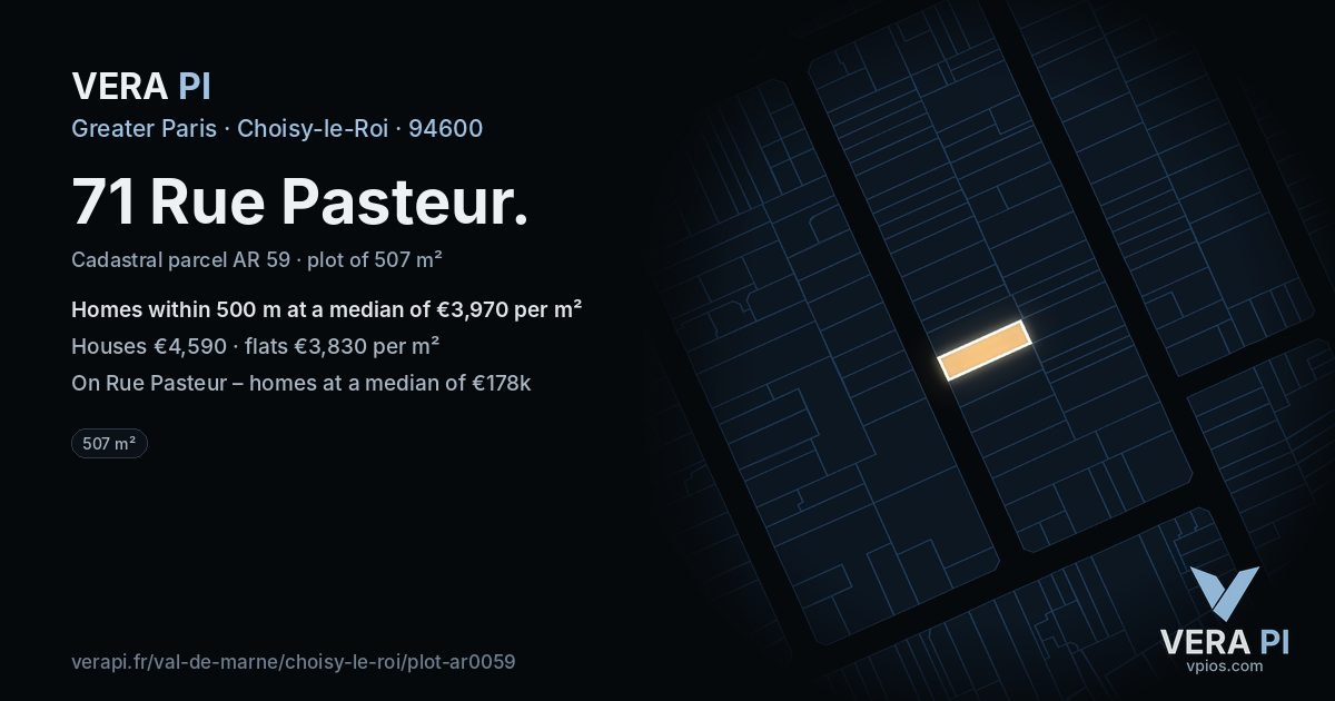 71 Rue Pasteur, Choisy-le-Roi at night – the plot lit, the parcels around coloured by the prices near them
