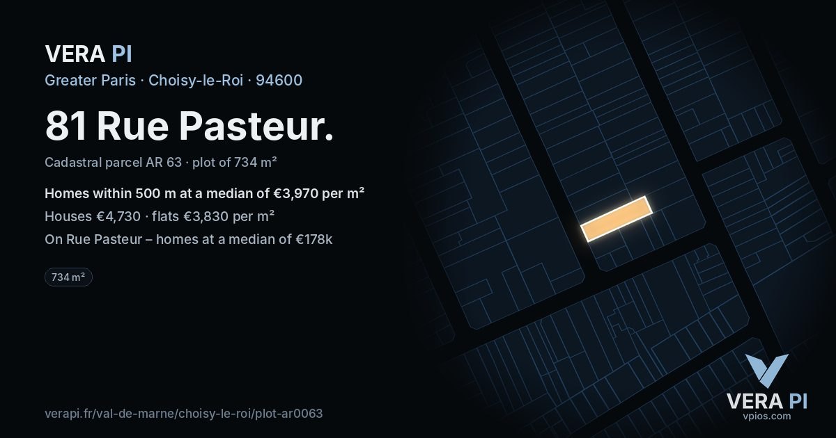 81 Rue Pasteur, Choisy-le-Roi at night – the plot lit, the parcels around coloured by the prices near them