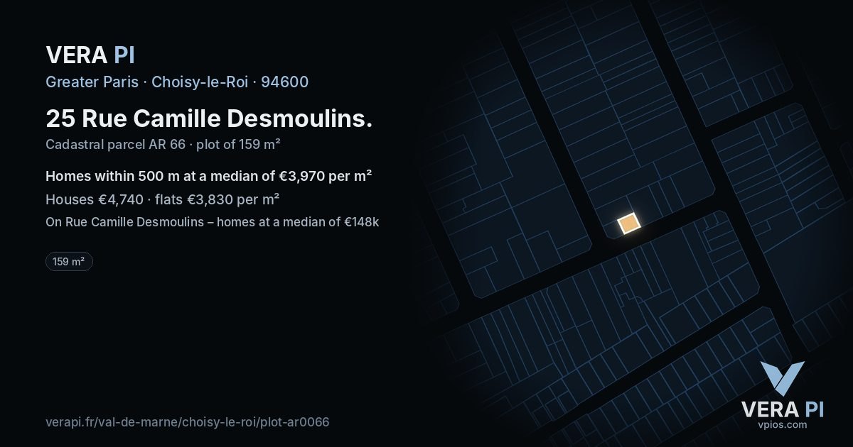 25 Rue Camille Desmoulins, Choisy-le-Roi at night – the plot lit, the parcels around coloured by the prices near them