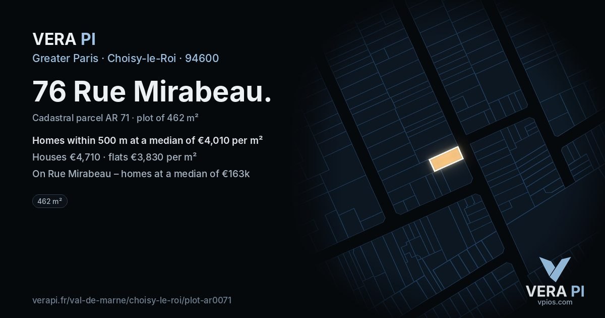 76 Rue Mirabeau, Choisy-le-Roi at night – the plot lit, the parcels around coloured by the prices near them