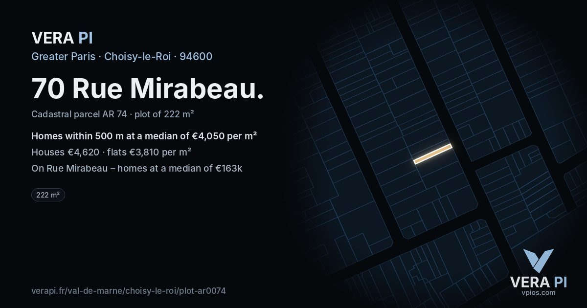 70 Rue Mirabeau, Choisy-le-Roi at night – the plot lit, the parcels around coloured by the prices near them