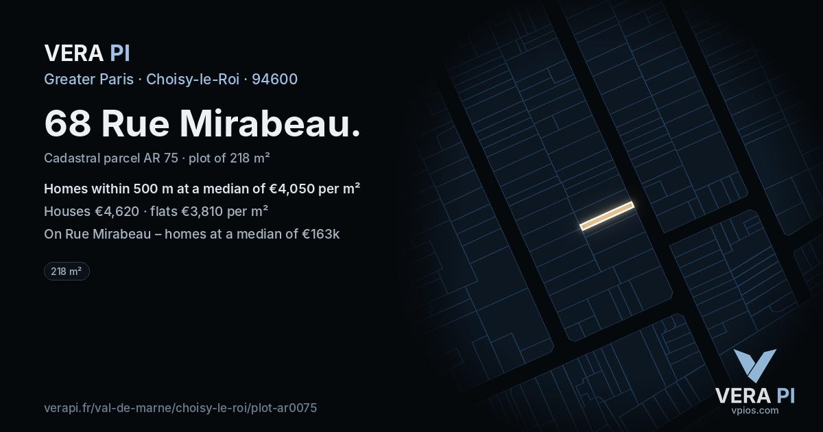 68 Rue Mirabeau, Choisy-le-Roi at night – the plot lit, the parcels around coloured by the prices near them