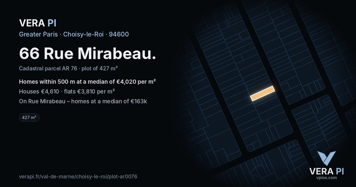 66 Rue Mirabeau, Choisy-le-Roi at night – the plot lit, the parcels around coloured by the prices near them