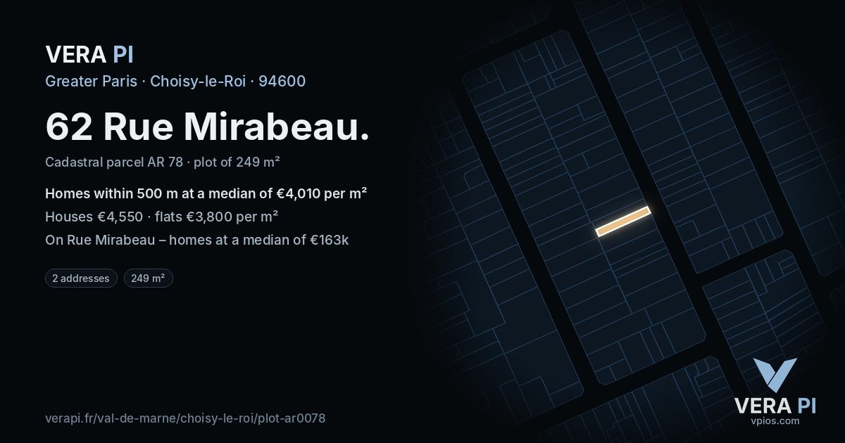 62 Rue Mirabeau, Choisy-le-Roi at night – the plot lit, the parcels around coloured by the prices near them