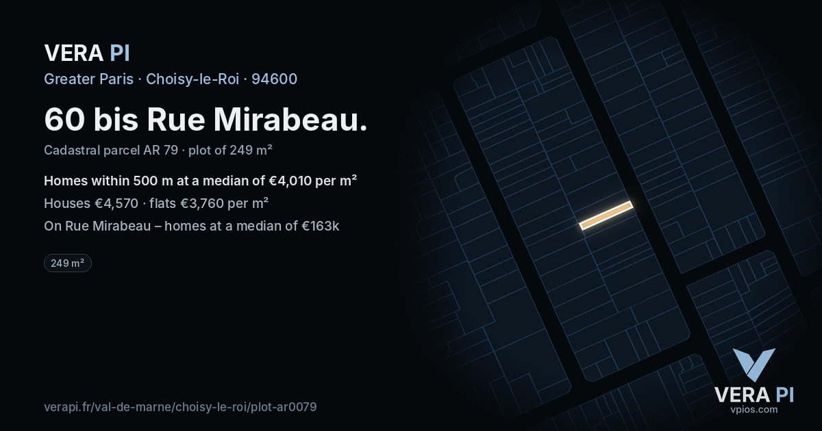 60 bis Rue Mirabeau, Choisy-le-Roi at night – the plot lit, the parcels around coloured by the prices near them