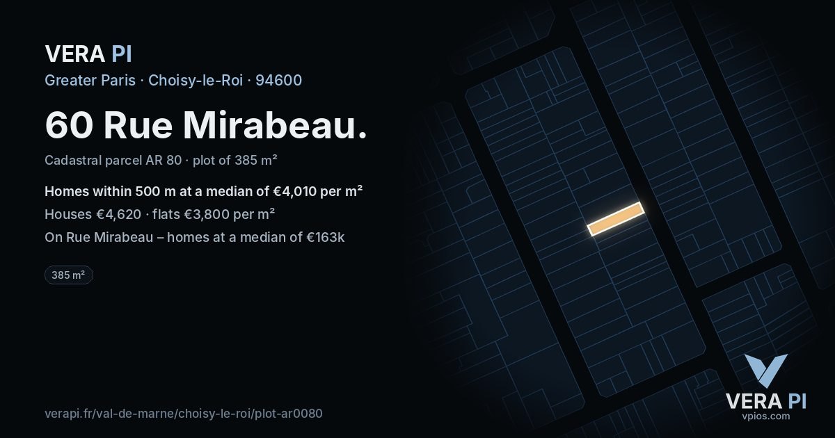 60 Rue Mirabeau, Choisy-le-Roi at night – the plot lit, the parcels around coloured by the prices near them