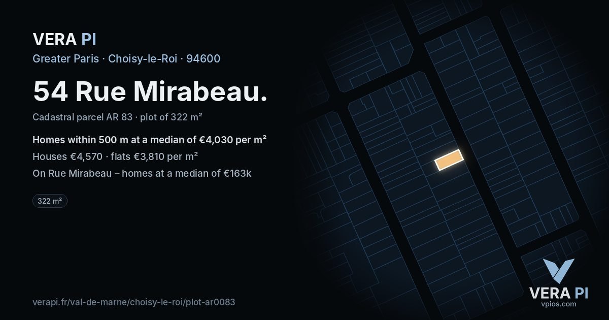 54 Rue Mirabeau, Choisy-le-Roi at night – the plot lit, the parcels around coloured by the prices near them