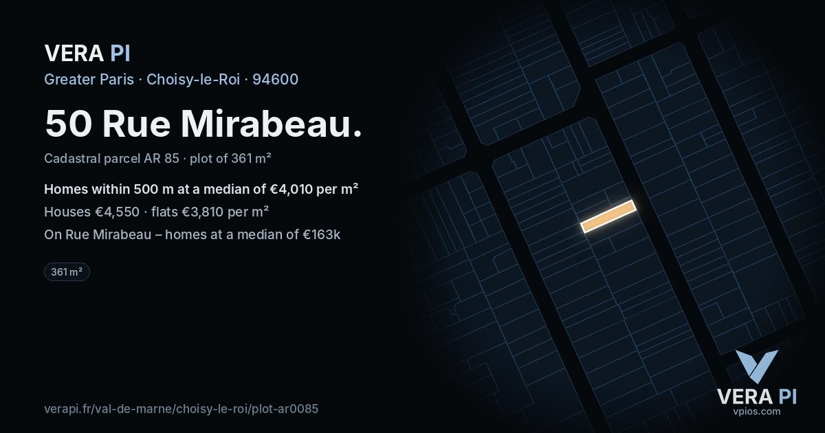 50 Rue Mirabeau, Choisy-le-Roi at night – the plot lit, the parcels around coloured by the prices near them
