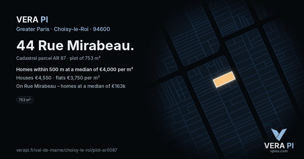 44 Rue Mirabeau, Choisy-le-Roi at night – the plot lit, the parcels around coloured by the prices near them