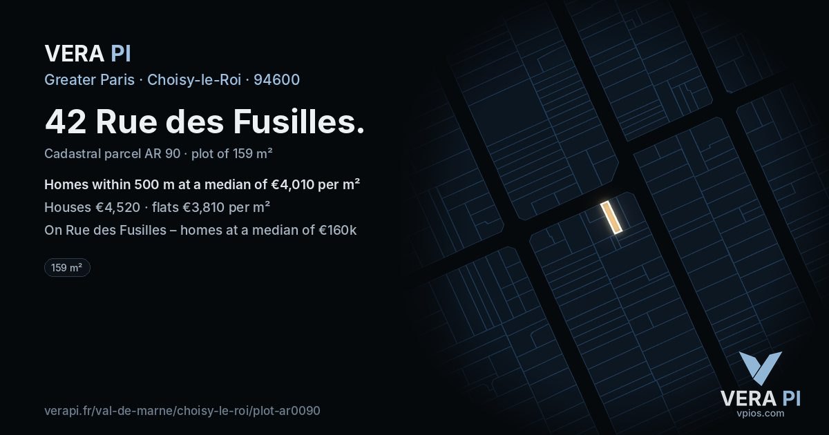 42 Rue des Fusilles, Choisy-le-Roi at night – the plot lit, the parcels around coloured by the prices near them