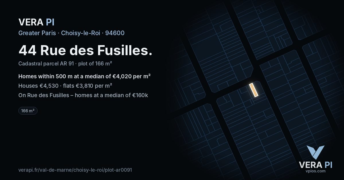 44 Rue des Fusilles, Choisy-le-Roi at night – the plot lit, the parcels around coloured by the prices near them