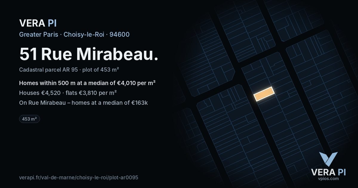51 Rue Mirabeau, Choisy-le-Roi at night – the plot lit, the parcels around coloured by the prices near them
