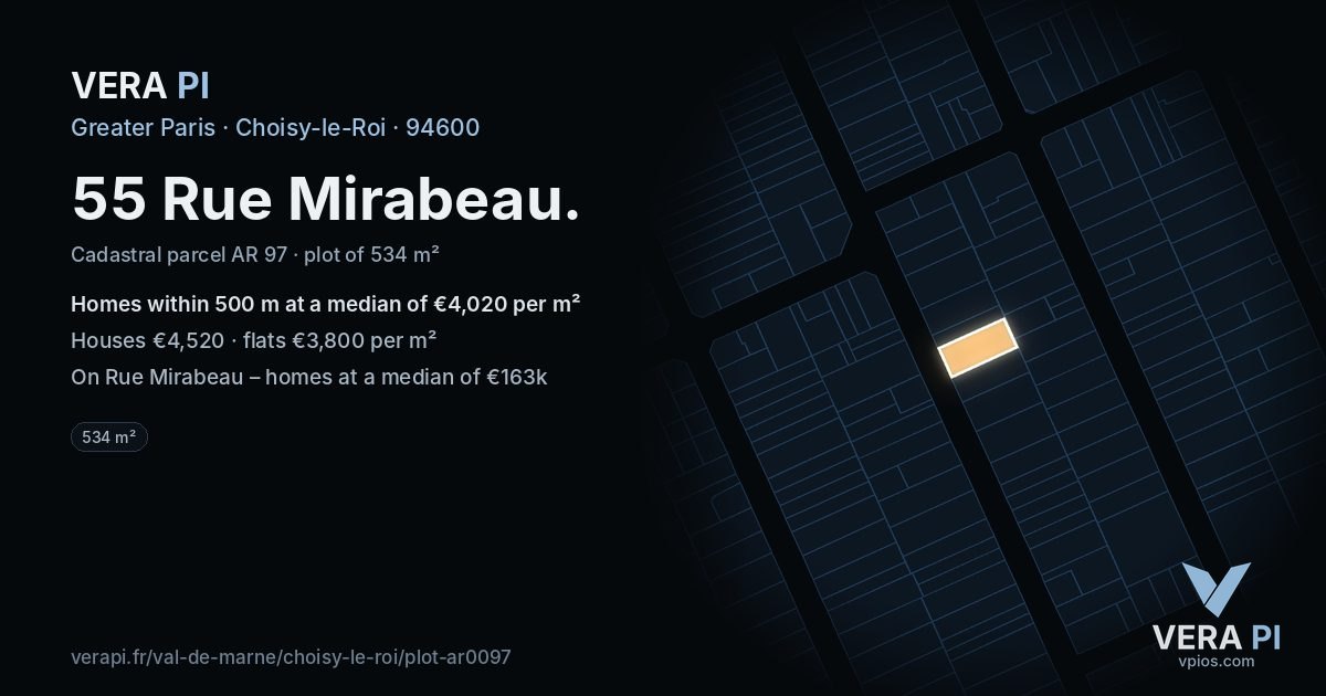 55 Rue Mirabeau, Choisy-le-Roi at night – the plot lit, the parcels around coloured by the prices near them