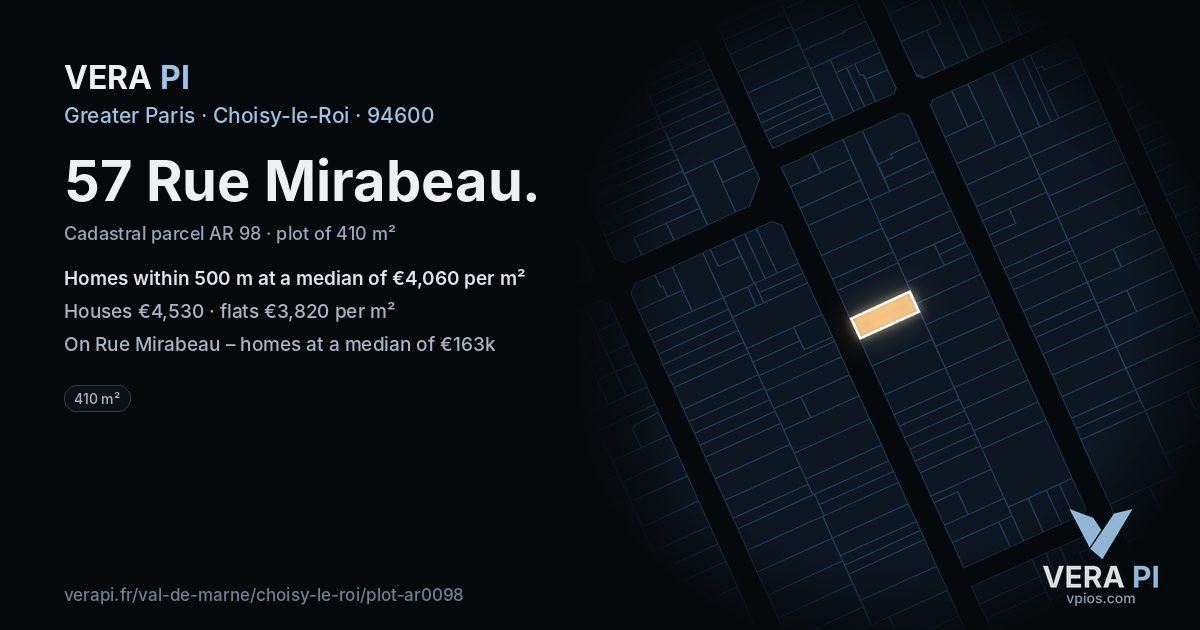 57 Rue Mirabeau, Choisy-le-Roi at night – the plot lit, the parcels around coloured by the prices near them