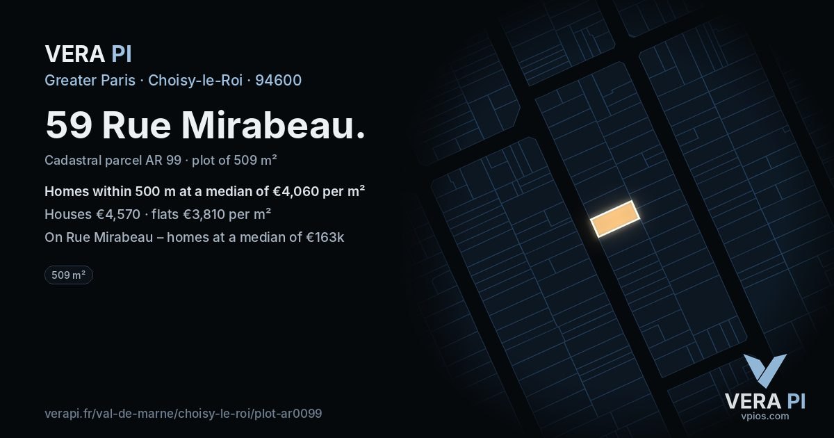 59 Rue Mirabeau, Choisy-le-Roi at night – the plot lit, the parcels around coloured by the prices near them