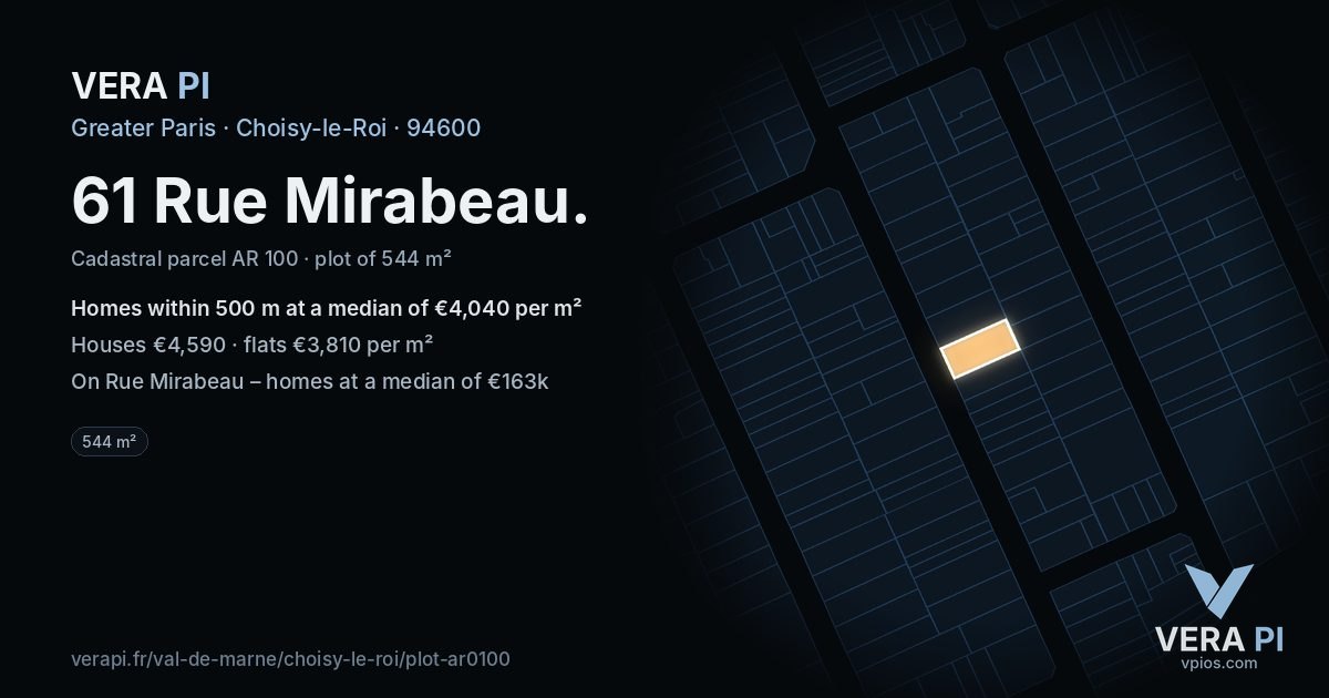 61 Rue Mirabeau, Choisy-le-Roi at night – the plot lit, the parcels around coloured by the prices near them