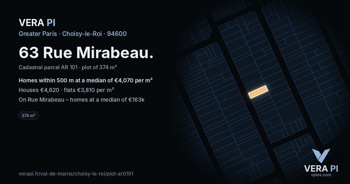 63 Rue Mirabeau, Choisy-le-Roi at night – the plot lit, the parcels around coloured by the prices near them
