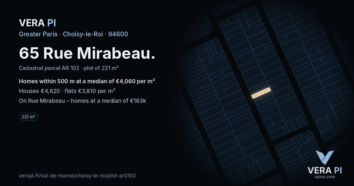 65 Rue Mirabeau, Choisy-le-Roi at night – the plot lit, the parcels around coloured by the prices near them