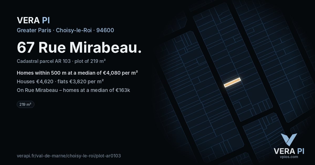 67 Rue Mirabeau, Choisy-le-Roi at night – the plot lit, the parcels around coloured by the prices near them