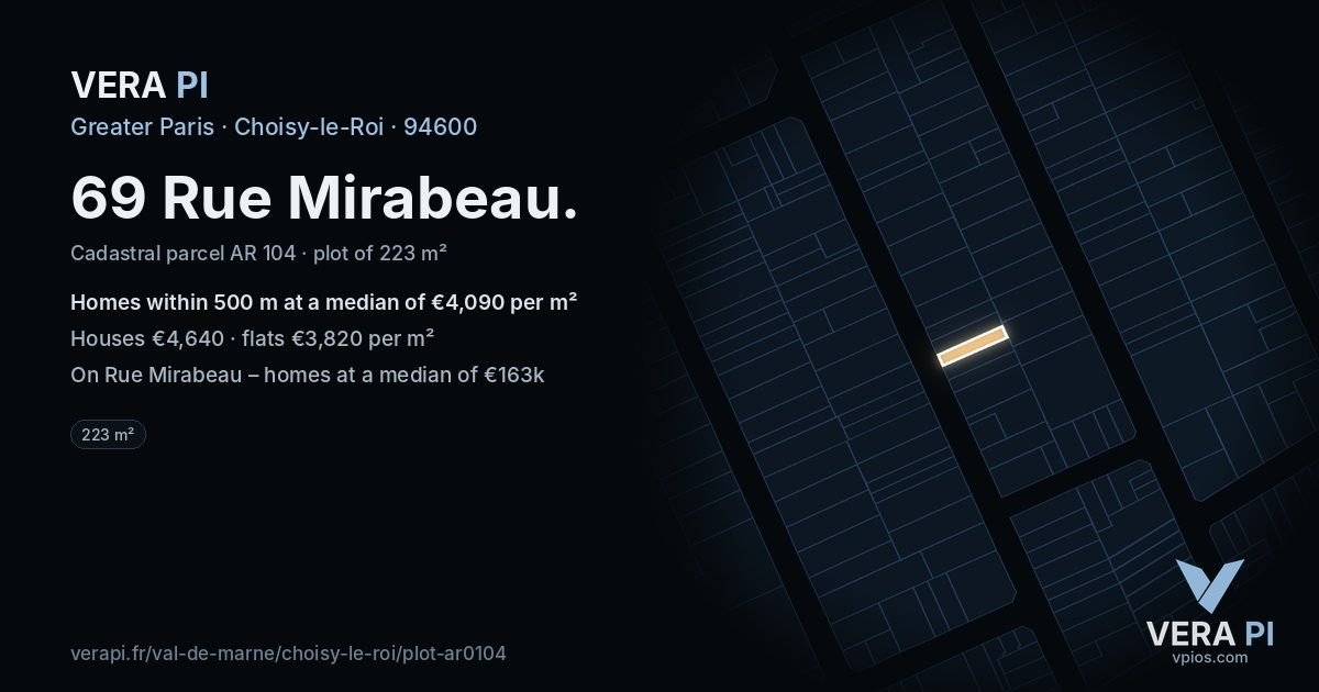 69 Rue Mirabeau, Choisy-le-Roi at night – the plot lit, the parcels around coloured by the prices near them