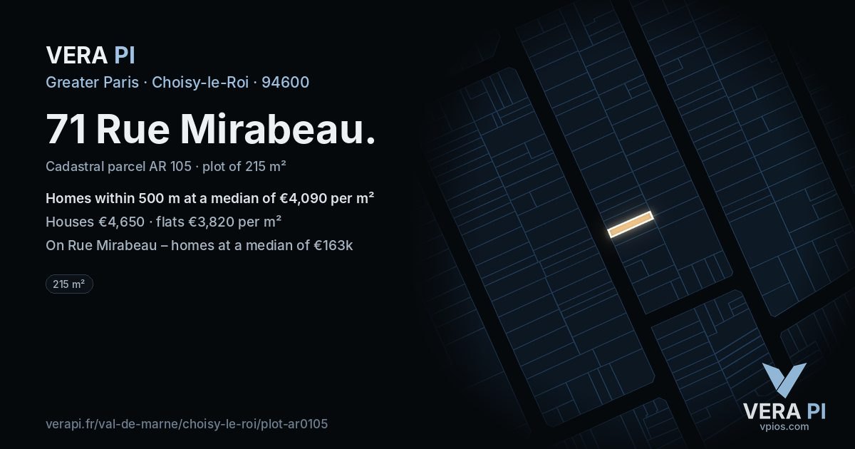 71 Rue Mirabeau, Choisy-le-Roi at night – the plot lit, the parcels around coloured by the prices near them