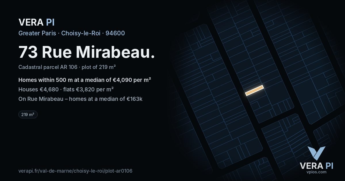 73 Rue Mirabeau, Choisy-le-Roi at night – the plot lit, the parcels around coloured by the prices near them