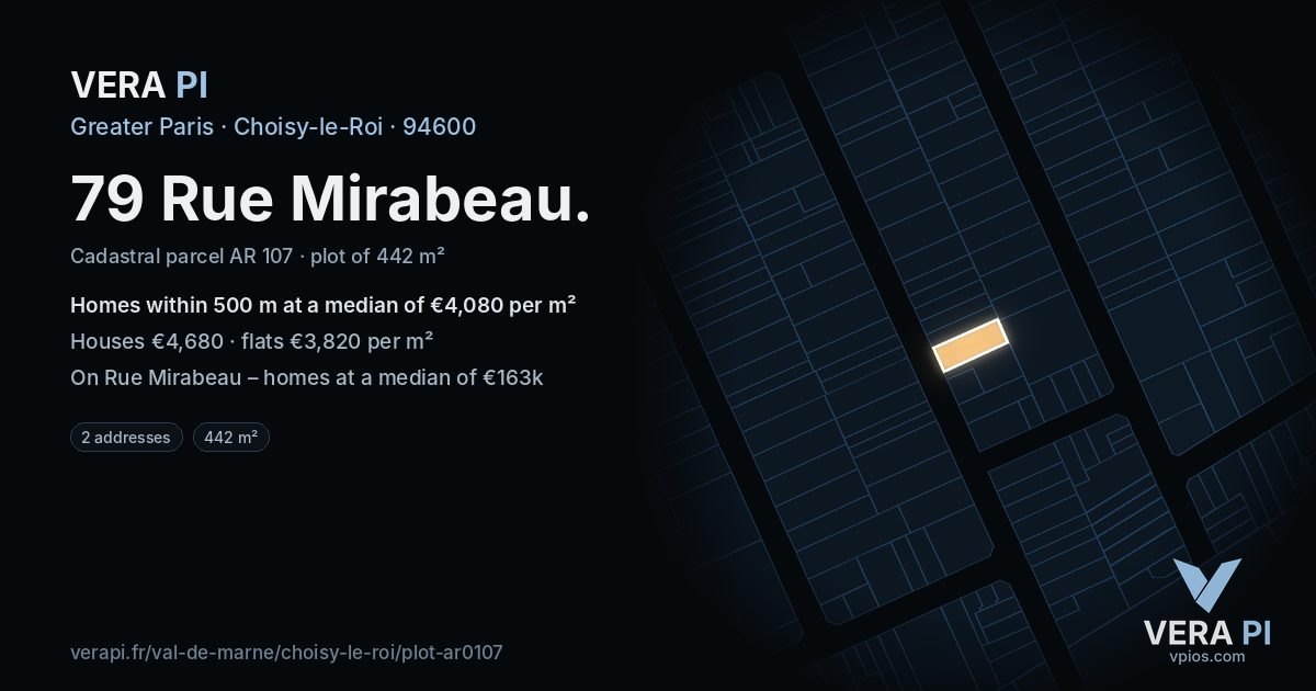 79 Rue Mirabeau, Choisy-le-Roi at night – the plot lit, the parcels around coloured by the prices near them