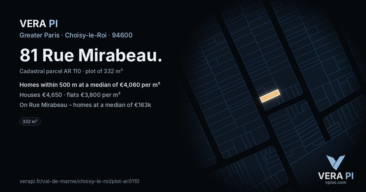 81 Rue Mirabeau, Choisy-le-Roi at night – the plot lit, the parcels around coloured by the prices near them