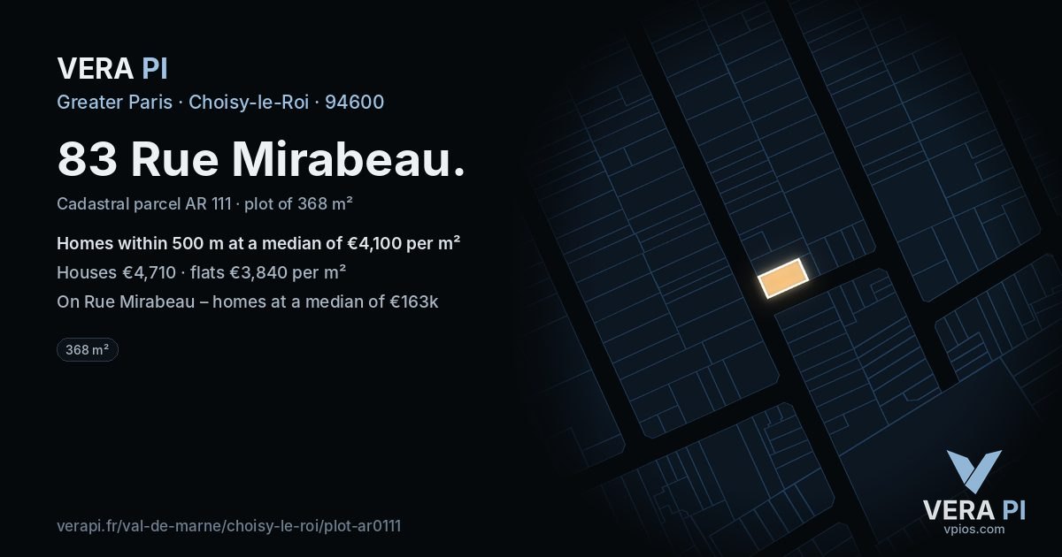 83 Rue Mirabeau, Choisy-le-Roi at night – the plot lit, the parcels around coloured by the prices near them